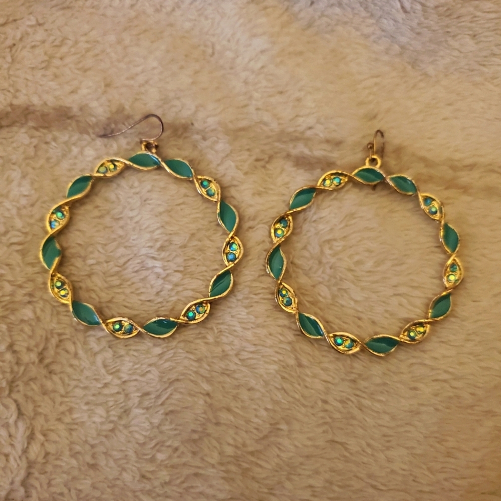 Teal and gold hoop earrings
